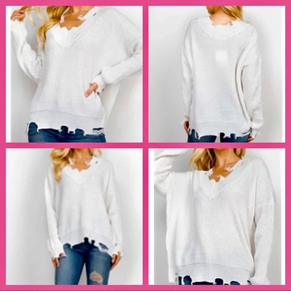 ✨THE PERFECT WEIGHT WHITE V-NECK DISTRESSED KNIT SWEATER-NEW‎ - Picture 4 of 9